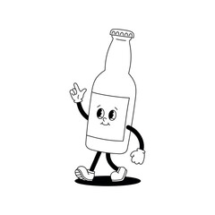 Vector monochrome illustration of retro mascot character walking glass bottle of beer or soda. Vintage style 30s, 40s, 50s old animation. Sticker isolated on white background.