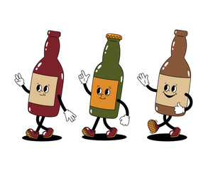 Vector set of color illustrations of retro mascot characters walking glass bottles of beer or soda. Stickers isolated on white background