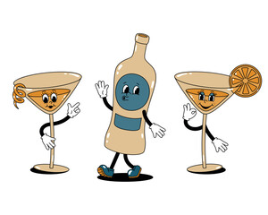 Vector set of colored cartoon retro mascot characters walking glass vermouth bottle and cocktail glasses. Stickers isolated on a white background.