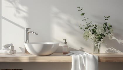 Fototapeta premium Modern Minimalist Bathroom Decor with Elegantly Arranged Towels and Fresh Flowers in Vase under Natural Light