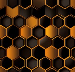 Obraz premium Abstract black and orange wallpaper featuring a realistic geometric mesh of hexagon grid cells, resembling a futuristic honeycomb mosaic texture.