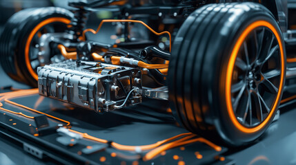 Obraz premium an electric vehicle's chassis. It displays the battery pack, motor, and various components connected with orange wires. The vehicle's wheels, both front and rear, are prominently visible