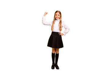 Full length body size view of nice attractive cheerful cheery funny straight-haired pre-teen girl...