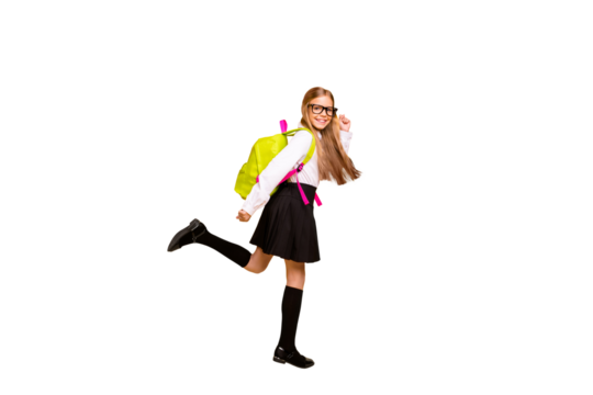 Full length body size view of her she nice attractive cheerful cheery glad straight-haired pre-teen girl having fun going to first grade isolated on bright vivid shine yellow background - Powered by Adobe