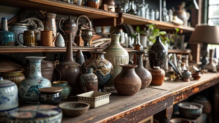 Fototapeta premium A table is covered with a variety of vases and bowls