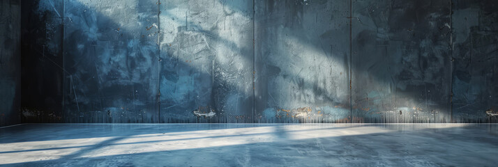 studio with smooth concrete floor, dark cement wall, soft blue tones,