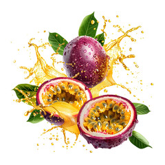 Whole and sliced passion fruit with juice splashes. Fresh organic fruit png cutout isolated on transparent background