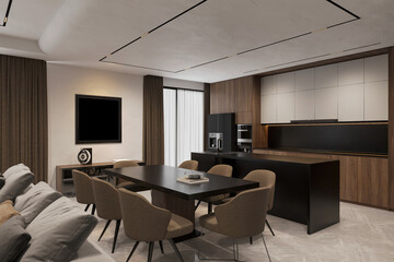 Modern minimalist kitchen with black and wooden surfaces, marble kitchen island top near the dining