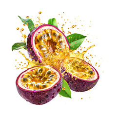 Whole and sliced passion fruit with juice splashes. Fresh organic fruit png cutout isolated on transparent background