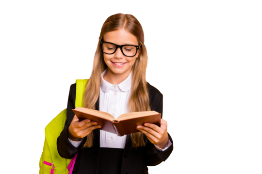 Portrait  of trendy kid hold hand textbook read have bag backpack rucksack isolated over yellow background