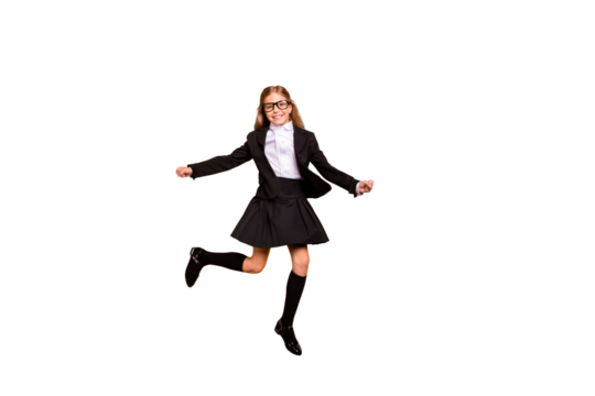 Full size photo of cute kid jumping have eyewear eyeglasses isolated over yellow background