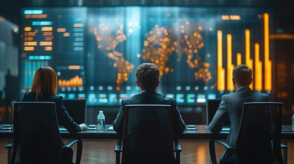 Business team analyzing global data on digital screen with charts and world map. Data analytics, business intelligence, corporate strategy, global market trends, financial analysis concept.