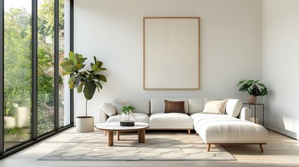 A mid-century modern living room with a colorful circle patterned feature wall, bathed in natural light.