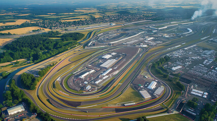 Aerial view of large empty racetrack with multiple turns, long straights and sharp turns, track surrounded by green fields