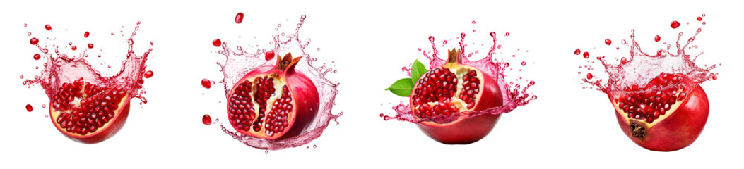 Pomegranates with red juice splash. Fresh organic fruit png cutout set isolated on transparent background