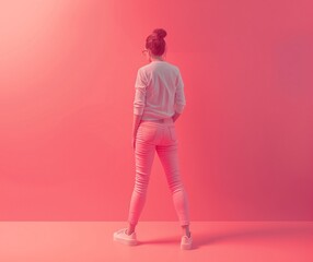 Fototapeta premium Stylish Woman in Casual Outfit Posing Against Pink Background - Modern Lifestyle Fashion Photograph