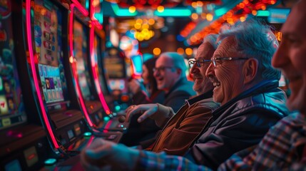 Seniors having fun playing slot machines in a vibrant and colorful casino, sharing laughter and excitement.