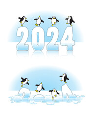 Four Penguins Dancing on Slippery 2024 Ice Sculptures Melting through the Arctic Icecap due to Global Warming