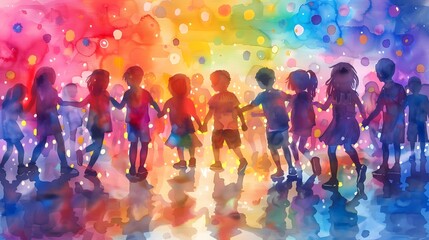 A colorful watercolor painting of children holding hands, symbolizing unity, diversity, and friendship in a vibrant, playful setting.