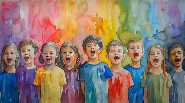 A colorful watercolor painting of a group of children singing together with vibrant expressions, showcasing joy and unity.