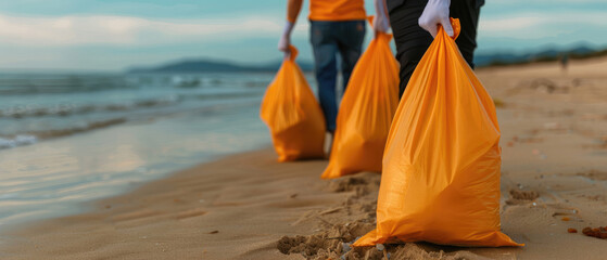 Volunteers cleaning up beach litter, carrying large orange bags. Ocean conservation effort during an environmental cleanup project at the shore.