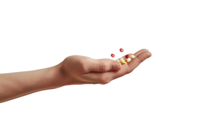 Pills falling into a hand, female hand holding pills