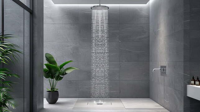  The image shows a modern shower with grey tiles and a rainfall showerhead.