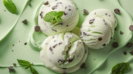A close-up shot of mint chocolate chip ice cream, set against a vibrant green background