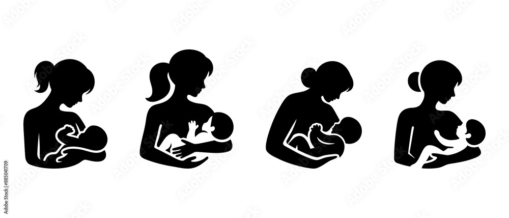 Wall mural breastfeeding silhouette vector. mother feeding breast milk to baby black filled vector illustration