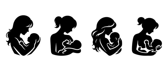 Breastfeeding silhouette vector.  Mother feeding breast milk to baby black filled vector Illustration icon.