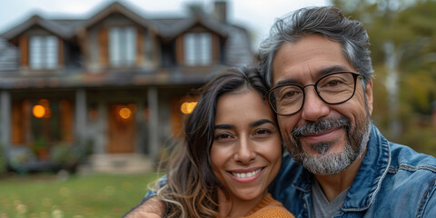A joyful couple proudly holding keys in front of their new home, symbolizing achievement, happiness.
