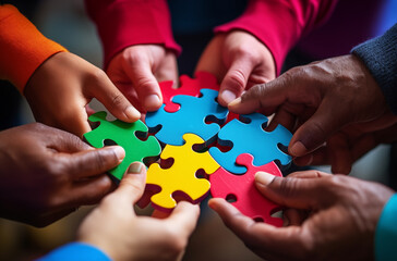 Hands Of Diverse People Connecting Colorful Puzzle Pieces Together As A Team