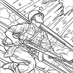 A coloring book page featuring a male soldier, full of heroism and bravery