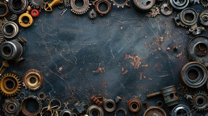 Top view background of vintage car spare parts with space for text