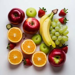 "Realistic and highly detailed fresh fruit photos, consisting of various types of fruit such as red apples, yellow bananas, green grapes, oranges and red strawberries, arranged with an attractive aest