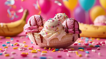 A photo of a banana split with multiple scoops of ice cream, against a colorful party background