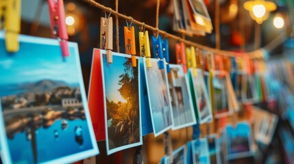 A string of treasured memories, photo cards pinned with love, showcasing life's beautiful moments