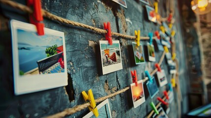 Memories captured and cherished, photo cards hang on clothespins, telling stories of moments past