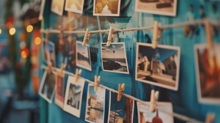 Memories captured and cherished, photo cards hang on clothespins, telling stories of moments past