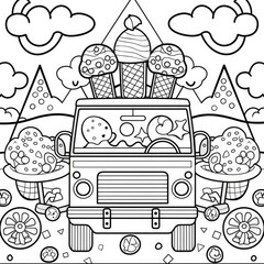 A coloring page with thick lines for kids featuring an ice cream van, full of summer joy
