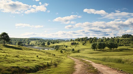 Obraz premium A rural landscape with a dirt road winding through the countryside.
