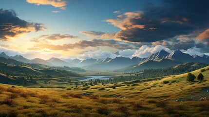 Obraz premium Scenic lake surrounded by lush forest and mountains under a bright blue sky.