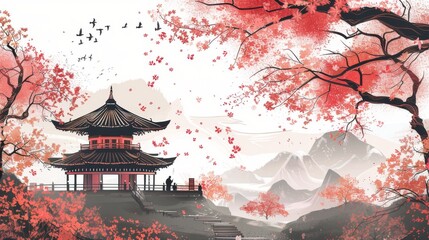 Obraz premium Japanese temple cherry blossom illustration. Use for travel posters, postcards, or website banners.