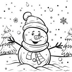 A cute snowman line art illustration for a coloring page, capturing winter fun