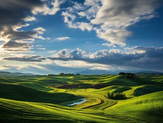 Obraz premium Rolling green hills under a clear blue sky.