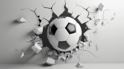 The ball is partially embedded in the wall, with debris and cracks radiating outward, creating a sense of explosive action.