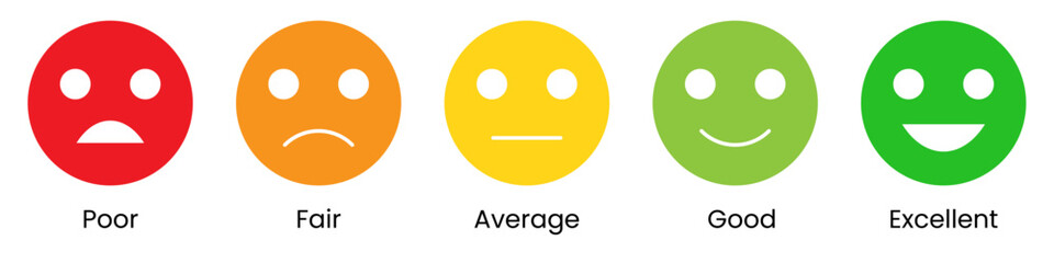 Rating emojis set. Feedback emoticons collection. Very happy, happy, neutral, sad and very sad emojis. Flat icon set of rating and feedback emojis icons 
