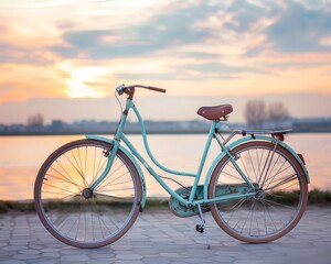 Fototapeta premium Scenic Sunset with Vintage Bicycle by the Lake - Perfect for Travel and Lifestyle Inspiration