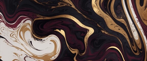 Fototapeta premium Abstract smokey Maroon black and gold background with floating in style marbled ink