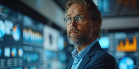 Obraz premium A focused analyst in a suit and glasses, reviewing data on multiple monitors in a modern office.